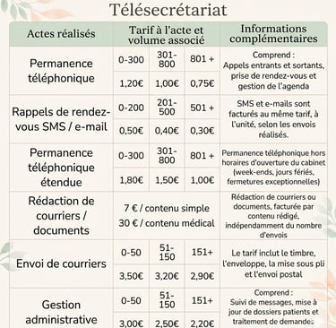 Tableau des tarifs de télésecrétariat pour permanence téléphonique, gestion administrative et envoi de courriers.