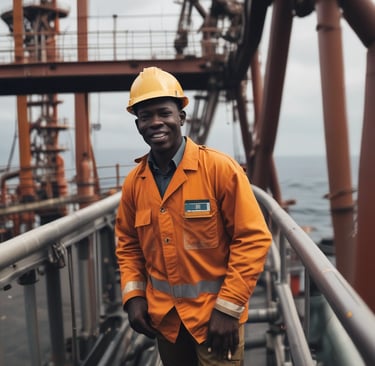 Group of African workers collaborating on an offshore oil platform under clear skies.
