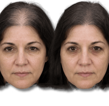 Before and after comparison of female SMP treatment results on a woman's scalp.