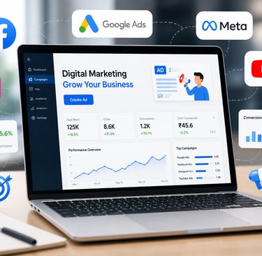 Digital marketing dashboard on a laptop showing analytics for Google Ads, Meta, and social media campaigns.