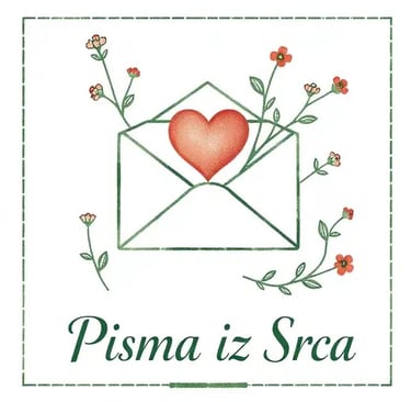 Vintage heart envelope illustration with flowers and Pisma iz Srca text.