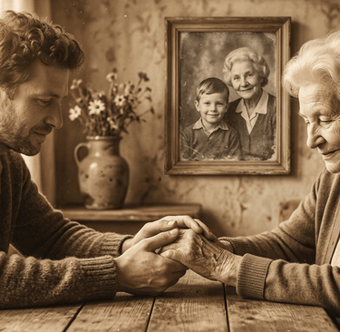 A son holding his elderly mother's hands. Pisma iz srca