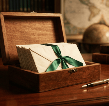 Vintage wooden box filled with old letters tied in green ribbon on a desk. Pisma iz srca