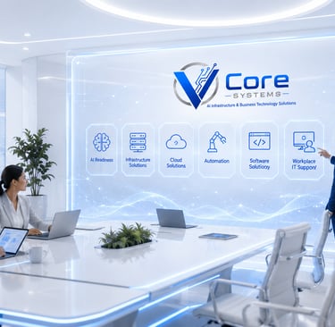 IT professionals presenting cloud computing and AI infrastructure solutions in a modern data center office.