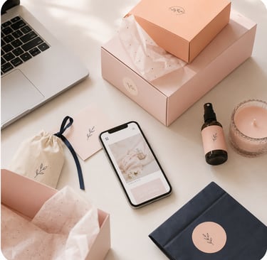 Elegant lifestyle flat lay featuring pink aesthetic product packaging ecommerce marketing