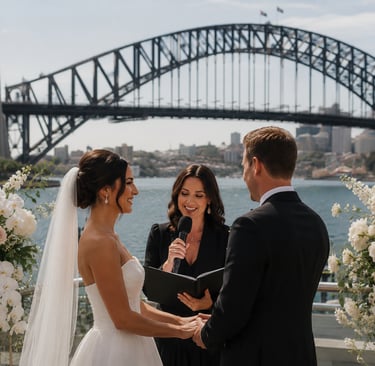 Wedding celebrant conducting a Sydney Harbour ceremony with a couple wedding vendor marketing
