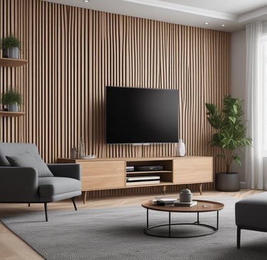 Installation process underway with skilled hands fitting acoustic slat panels in a stylish commercial space.