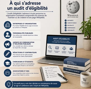 Ordinateur présentant un audit d’éligibilité Wikipédia destiné aux entreprises