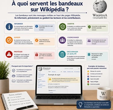 Bureau professionnel avec infographie expliquant à quoi servent les bandeaux sur Wikipédia