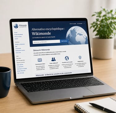 Ordinateur portable sur un bureau moderne affichant la page d’accueil de Wikimonde