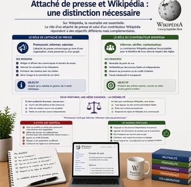infographie comparant le rôle d’un attaché de presse et celui d’un contributeur Wikipédia