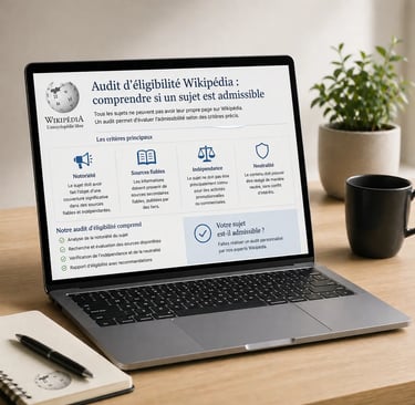 Ordinateur portable sur un bureau moderne affichant un audit d’éligibilité Wikipédia