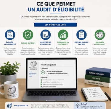 Infographie sur fond clair présentant les bénéfices d’un audit d’éligibilité Wikipédia