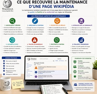 Infographie présentant les différentes dimensions de la maintenance d’une page Wikipédia