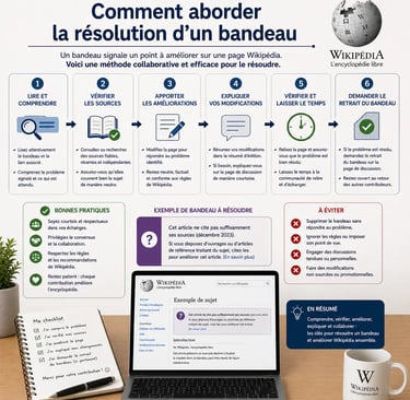 Bureau avec infographie expliquant comment aborder la résolution d’un bandeau Wikipédia