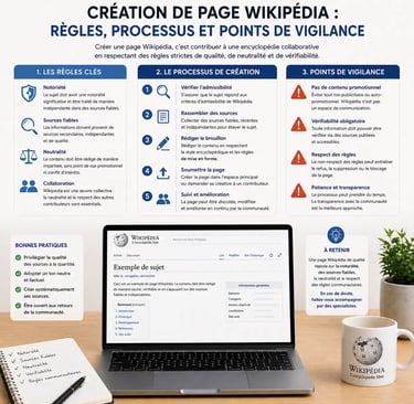 Infographie présentant Création de page Wikipédia : règles, processus et points de vigilance