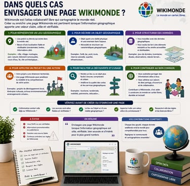 Bureau professionnel avec infographie expliquant dans quels cas envisager une page Wikimonde