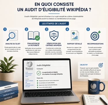 Infographie sur fond clair présentant les étapes d’un audit d’éligibilité Wikipédia