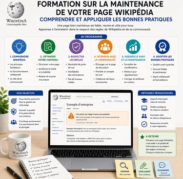 Infographie présentant une formation à la maintenance de page Wikipédia avec bonnes pratiques