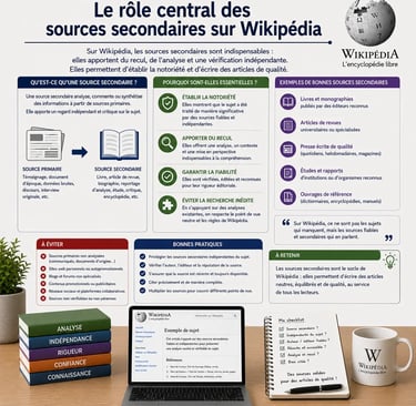 infographie expliquant le rôle central des sources secondaires sur Wikipédia