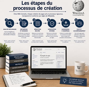 Bureau avec infographie présentant les étapes du processus de création d’une page Wikipédia