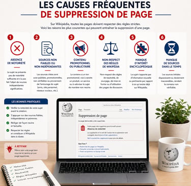 Infographie sur fond clair présentant les causes fréquentes de suppression de page Wikipédia