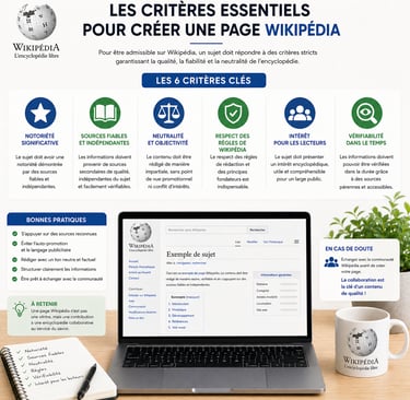 Infographie sur fond clair présentant les critères essentiels pour créer une page Wikipédia