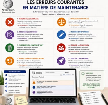 Infographie expliquant les erreurs fréquentes lors de la maintenance d’une page Wikip