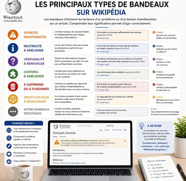Infographie sur fond clair présentant les principaux types de bandeaux sur Wikipédia