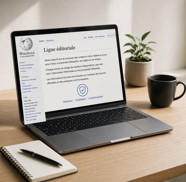 Ordinateur portable sur un bureau épuré affichant une page de contenu informatif sur Wikipédia