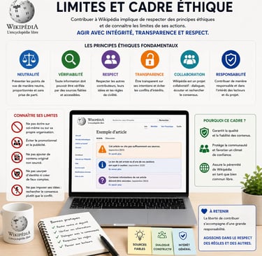 Infographie sur fond clair expliquant les limites et le cadre éthique sur Wikipédia