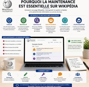 Infographie sur fond clair expliquant l’importance de la maintenance sur Wikipédia