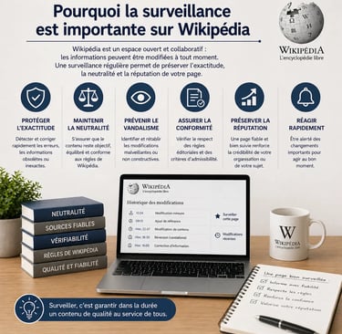 Bureau avec infographie expliquant pourquoi la surveillance est importante sur Wikipédia