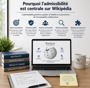 Bureau professionnel avec ordinateur illustrant pourquoi l’admissibilité est centrale sur Wikipédia