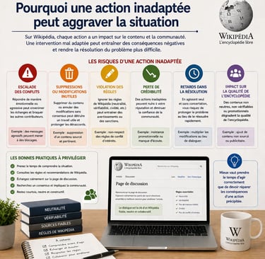 Infographie expliquant pourquoi une action inadaptée sur Wikipédia peut aggraver la situation