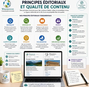 Infographie présentant les principes éditoriaux et la qualité de contenu d’un projet encyclopédique