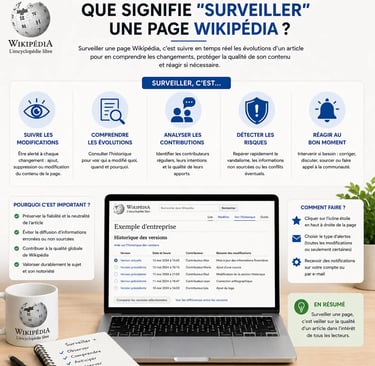 Infographie sur fond clair expliquant ce que signifie surveiller une page Wikipédia 