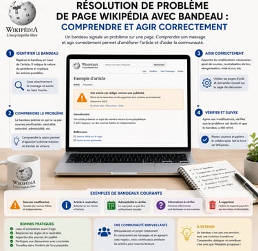 Infographie sur fond clair expliquant la résolution d’un problème de page Wikipédia avec bandeau