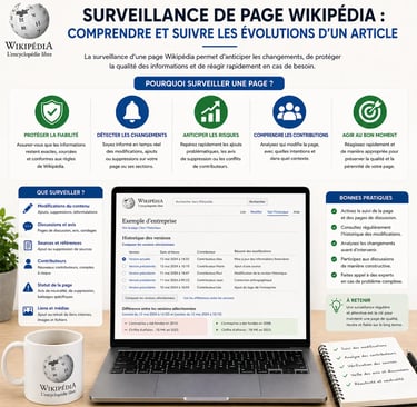 Infographie sur fond clair expliquant la surveillance de page Wikipédia avec suivi des modifications