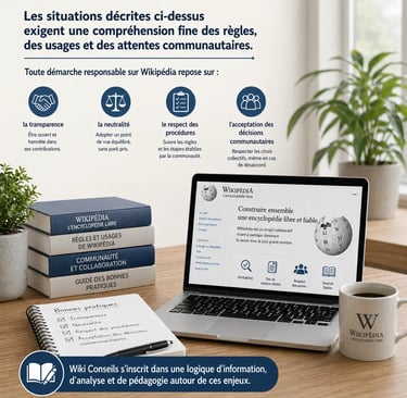 Bureau professionnel avec ordinateur affichant les principes fondamentaux de Wikipédia