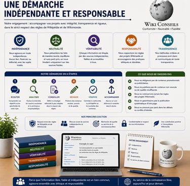 Bureau professionnel avec infographie mettant en avant une démarche indépendante et responsable