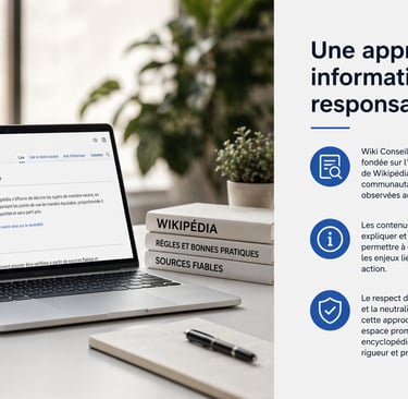 Espace de travail moderne avec ordinateur affichant les règles Wikipédia