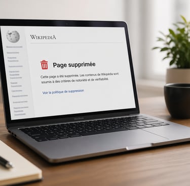 Ordinateur portable affichant un message de suppression de page Wikipédia