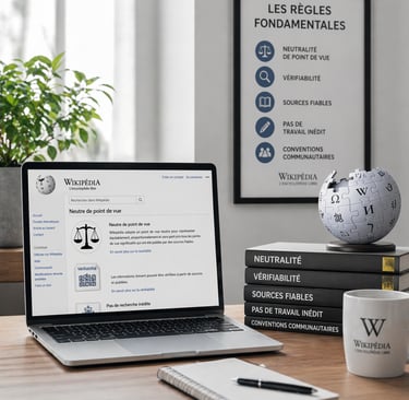Bureau professionnel avec ordinateur affichant les principes fondateurs de Wikipédia