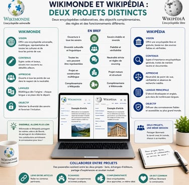 Infographie comparant Wikimonde et Wikipédia comme deux projets encyclopédiques distincts