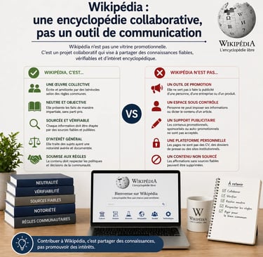 Bureau professionnel avec infographie expliquant que Wikipédia est une encyclopédie collaborative