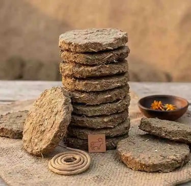 A stack of traditional organic cow dung cakes for fuel and religious rituals on a burlap surface.