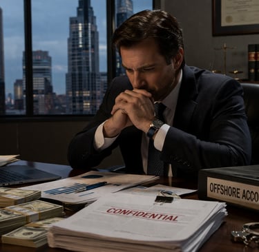 white-collar criminal sitting behind his desk