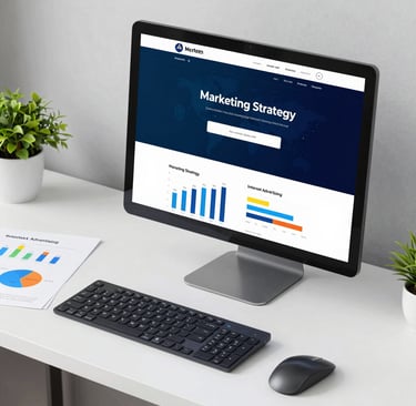 Un escritorio con un computador mostrando análisis métrico de una estrategia de marketing digital