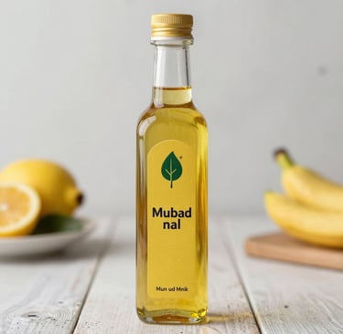 A clear glass bottle filled with rich, amber-colored mustard oil surrounded by fresh mustard flowers.